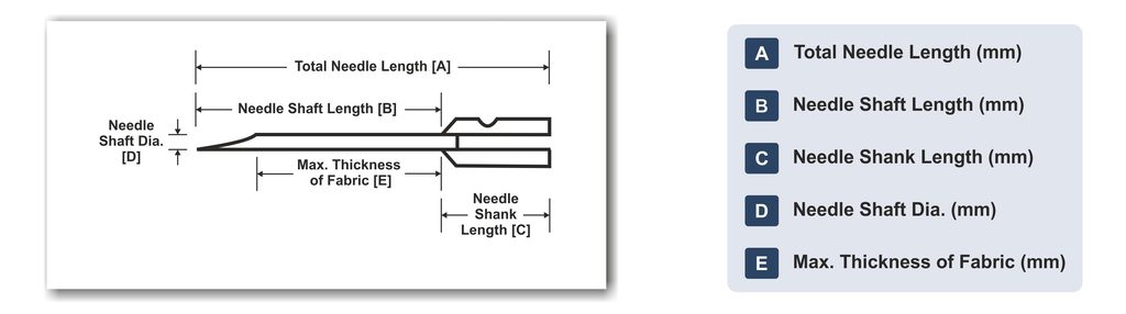 Technical diagram showing tag gun needle dimensions